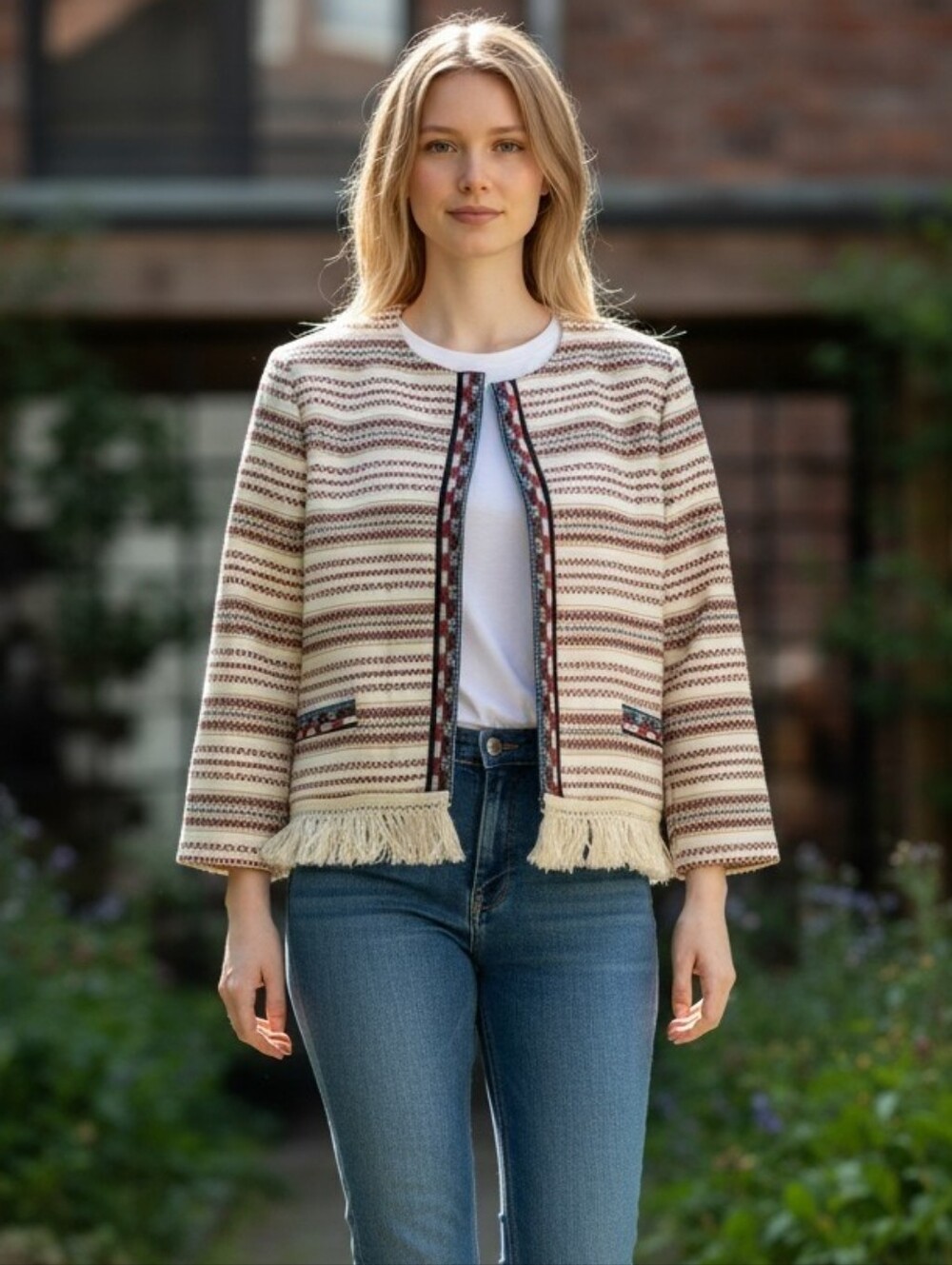 Bershka Fringe Hem Striped 100% Cotton Cropped Blazer Jacket Size M